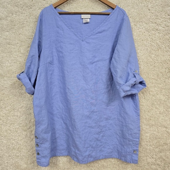 Soft Surroundings Tunic Women 2X Purple Linen V‎ Neck Roll Tab Sleeve Relaxed - Picture 1 of 10